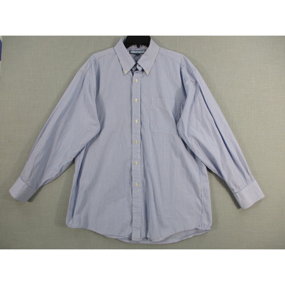 Tommy Hilfiger Ithaca Mens Blue White Striped Button Down Shirt L 16.5‎ 32-33